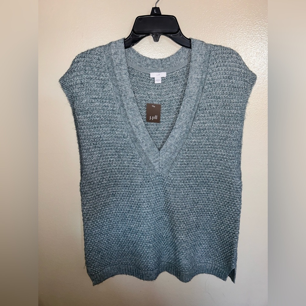 J Jill Knit Sweater Vest Women's M Tall Blue Green Sleeveless V Neck Comfort